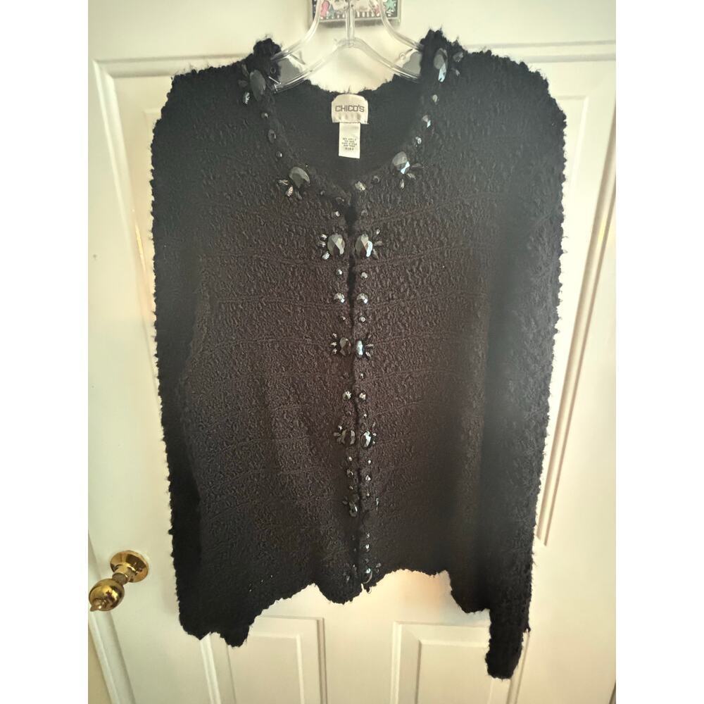 Chico’s Black Bouclé Knit Beaded Cardigan Sweater Women’s Size 3 (XL)
